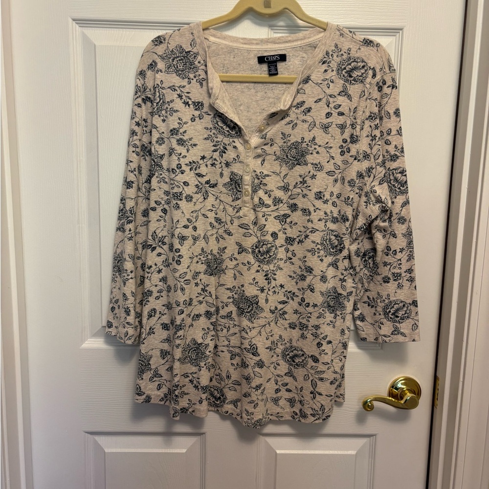 Chaps Cream Long Sleeve Henley Top with Navy Floral Print